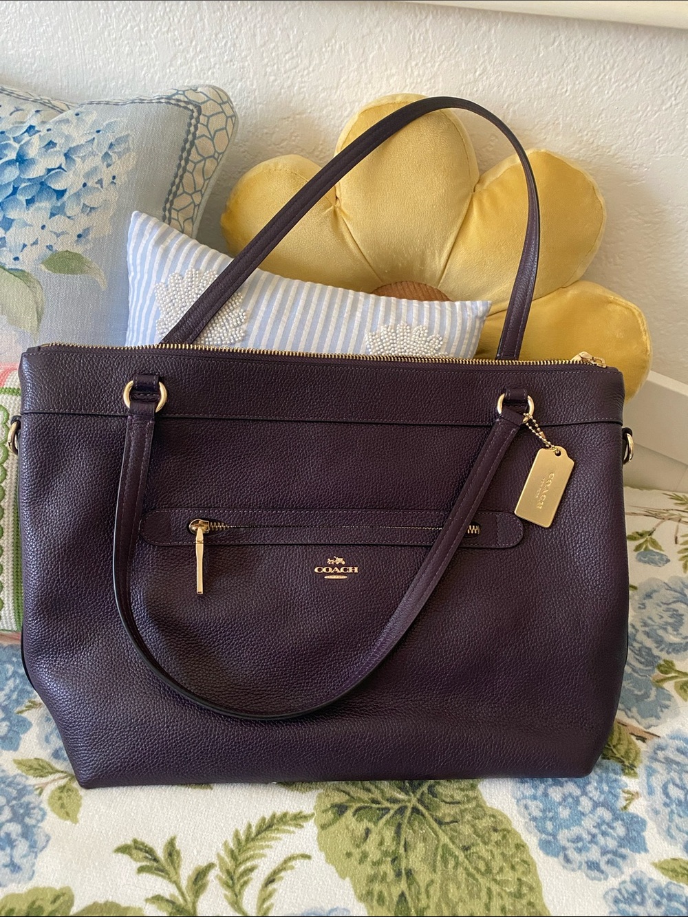 Coach Pebbled Leather Shoulder Tote in Deep Plum